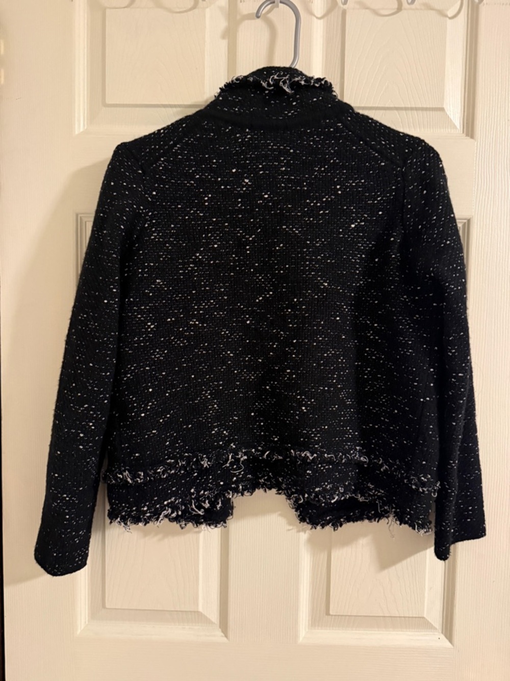 Massimo Dutti Black Bouclé Open-Front Cardigan with Fringe Trim - Picture 4 of 4